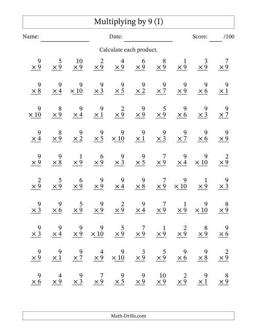 The Multiplying (1 to 10) by 9 (100 Questions) (I) Math Worksheet