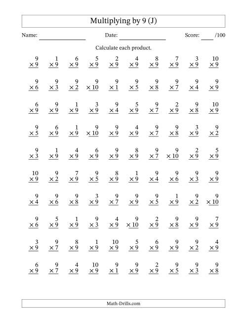 The Multiplying (1 to 10) by 9 (100 Questions) (J) Math Worksheet