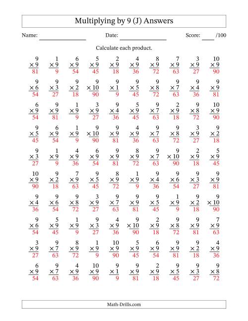 The Multiplying (1 to 10) by 9 (100 Questions) (J) Math Worksheet Page 2