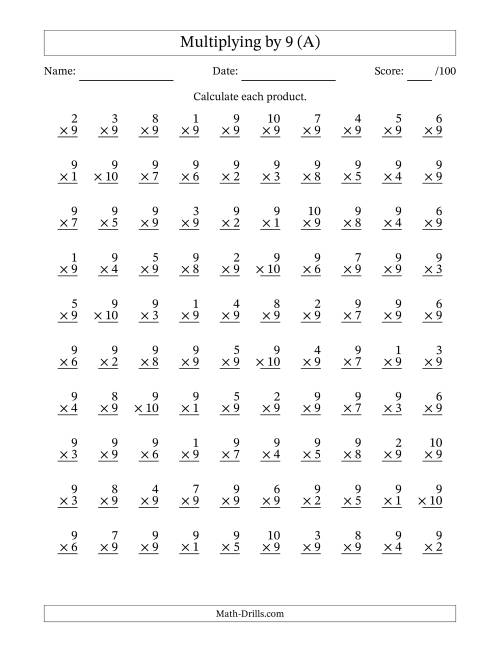 The Multiplying (1 to 10) by 9 (100 Questions) (All) Math Worksheet