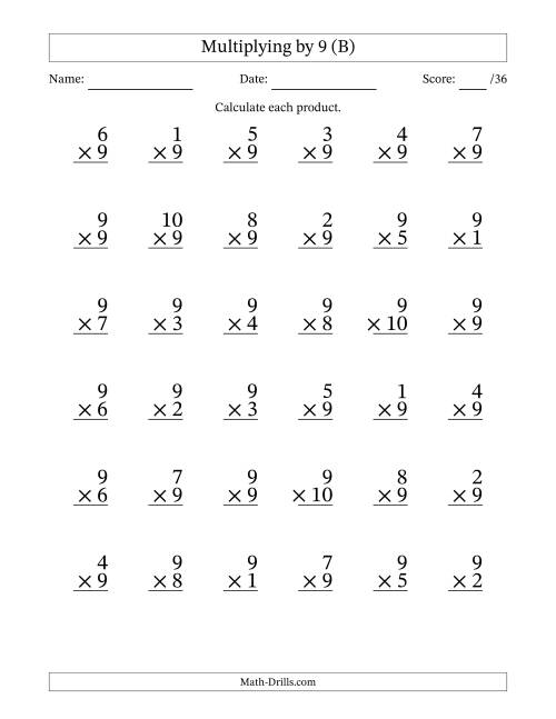 The Multiplying (1 to 10) by 9 (36 Questions) (B) Math Worksheet