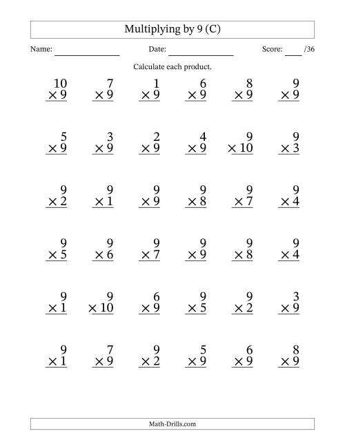 The Multiplying (1 to 10) by 9 (36 Questions) (C) Math Worksheet