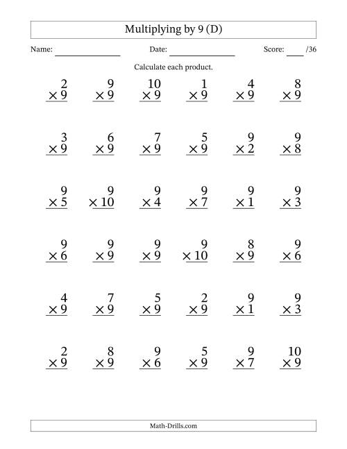 The Multiplying (1 to 10) by 9 (36 Questions) (D) Math Worksheet