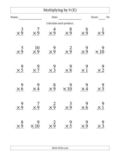The Multiplying (1 to 10) by 9 (36 Questions) (E) Math Worksheet