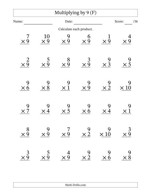 The Multiplying (1 to 10) by 9 (36 Questions) (F) Math Worksheet
