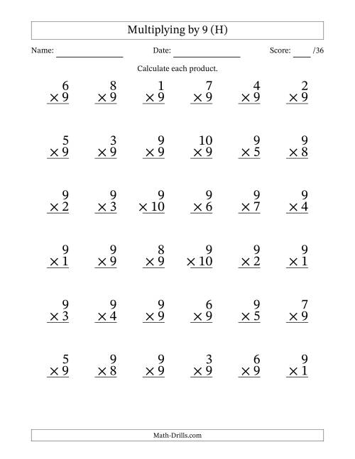 The Multiplying (1 to 10) by 9 (36 Questions) (H) Math Worksheet
