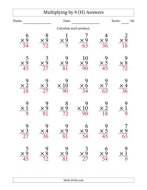 The Multiplying (1 to 10) by 9 (36 Questions) (H) Math Worksheet Page 2