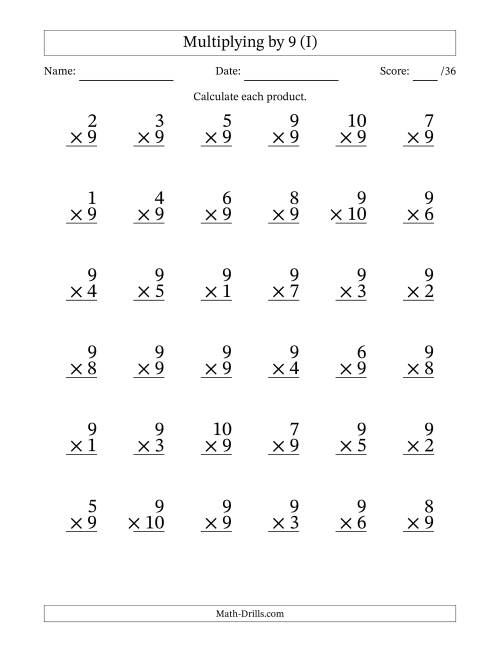 The Multiplying (1 to 10) by 9 (36 Questions) (I) Math Worksheet