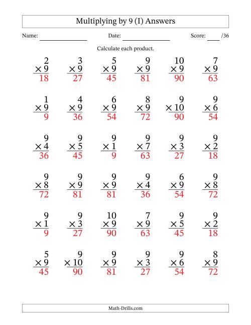 The Multiplying (1 to 10) by 9 (36 Questions) (I) Math Worksheet Page 2