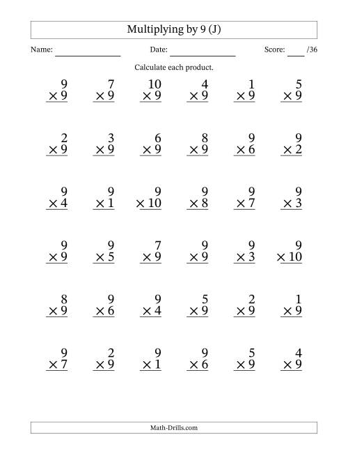 The Multiplying (1 to 10) by 9 (36 Questions) (J) Math Worksheet