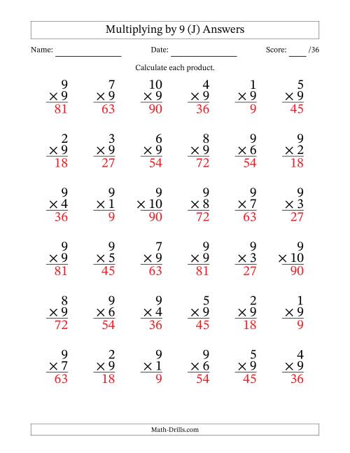 The Multiplying (1 to 10) by 9 (36 Questions) (J) Math Worksheet Page 2