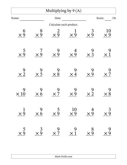 The Multiplying (1 to 10) by 9 (36 Questions) (All) Math Worksheet