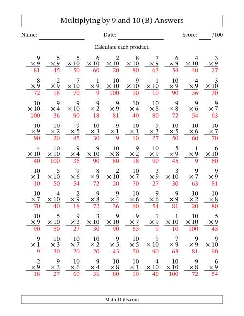 The Multiplying (1 to 10) by 9 and 10 (100 Questions) (B) Math Worksheet Page 2
