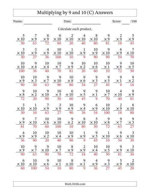 The Multiplying (1 to 10) by 9 and 10 (100 Questions) (C) Math Worksheet Page 2