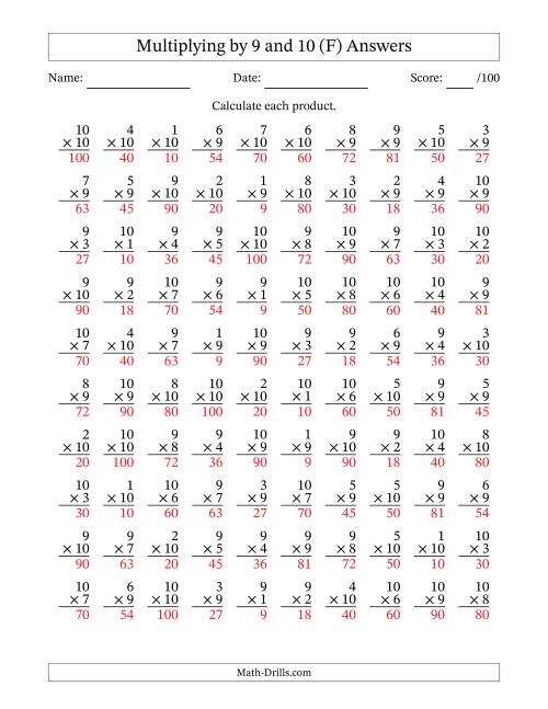 The Multiplying (1 to 10) by 9 and 10 (100 Questions) (F) Math Worksheet Page 2