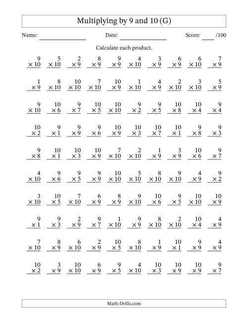 The Multiplying (1 to 10) by 9 and 10 (100 Questions) (G) Math Worksheet