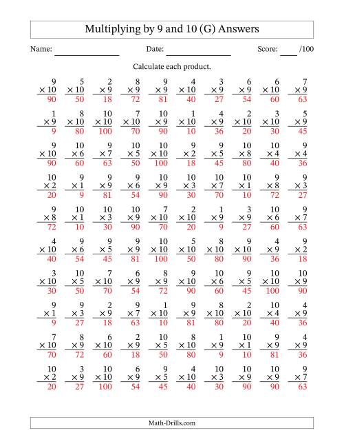 The Multiplying (1 to 10) by 9 and 10 (100 Questions) (G) Math Worksheet Page 2