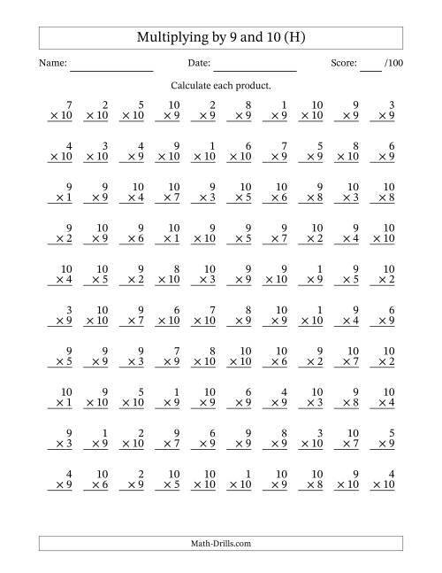 The Multiplying (1 to 10) by 9 and 10 (100 Questions) (H) Math Worksheet