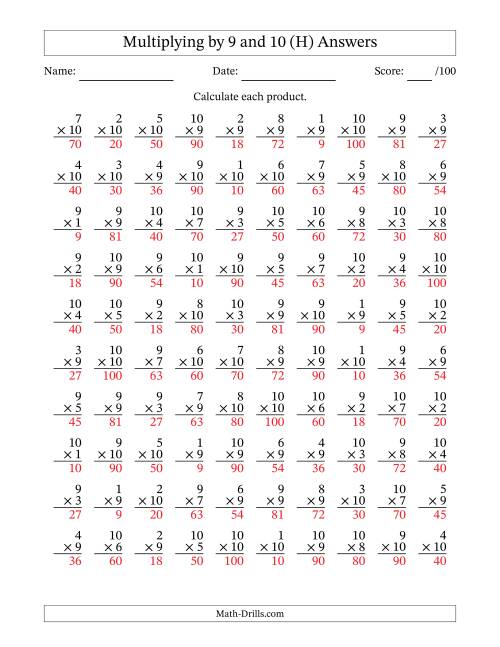 The Multiplying (1 to 10) by 9 and 10 (100 Questions) (H) Math Worksheet Page 2