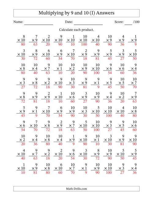 The Multiplying (1 to 10) by 9 and 10 (100 Questions) (I) Math Worksheet Page 2