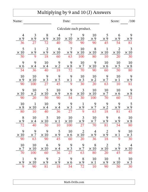 The Multiplying (1 to 10) by 9 and 10 (100 Questions) (J) Math Worksheet Page 2