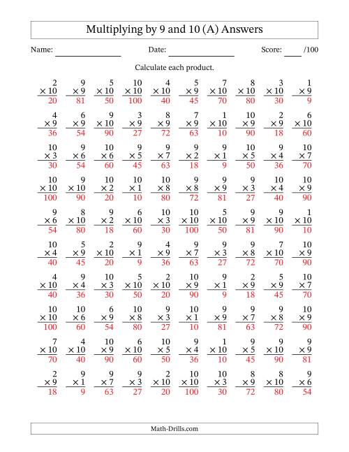 The Multiplying (1 to 10) by 9 and 10 (100 Questions) (All) Math Worksheet Page 2