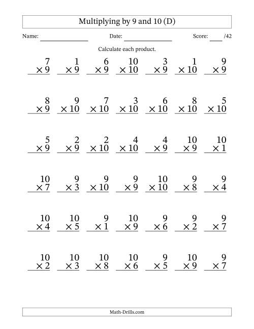 The Multiplying (1 to 10) by 9 and 10 (42 Questions) (D) Math Worksheet