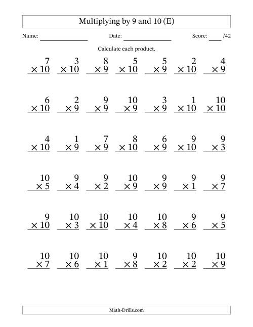 The Multiplying (1 to 10) by 9 and 10 (42 Questions) (E) Math Worksheet