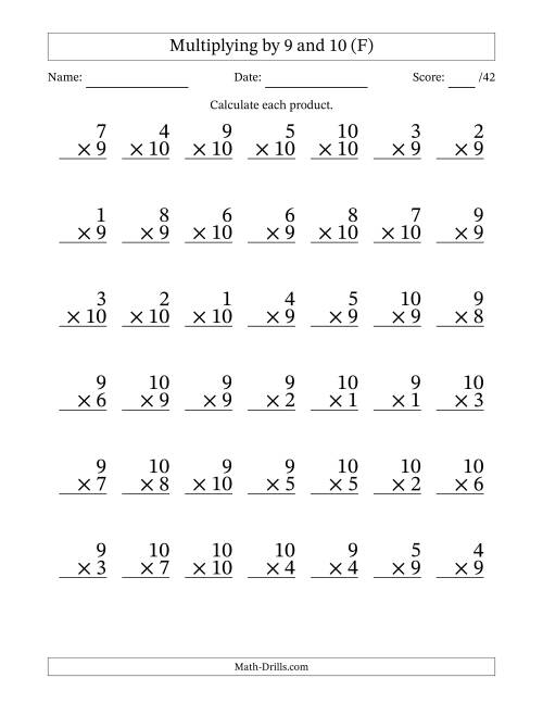 The Multiplying (1 to 10) by 9 and 10 (42 Questions) (F) Math Worksheet