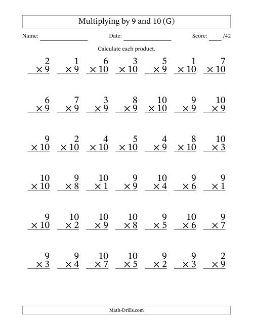 The Multiplying (1 to 10) by 9 and 10 (42 Questions) (G) Math Worksheet