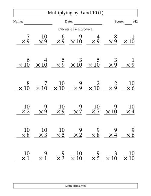 The Multiplying (1 to 10) by 9 and 10 (42 Questions) (I) Math Worksheet