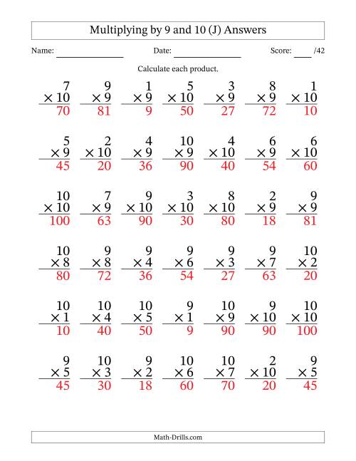 The Multiplying (1 to 10) by 9 and 10 (42 Questions) (J) Math Worksheet Page 2