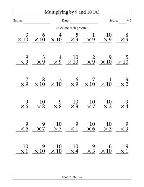 The Multiplying (1 to 10) by 9 and 10 (42 Questions) (All) Math Worksheet