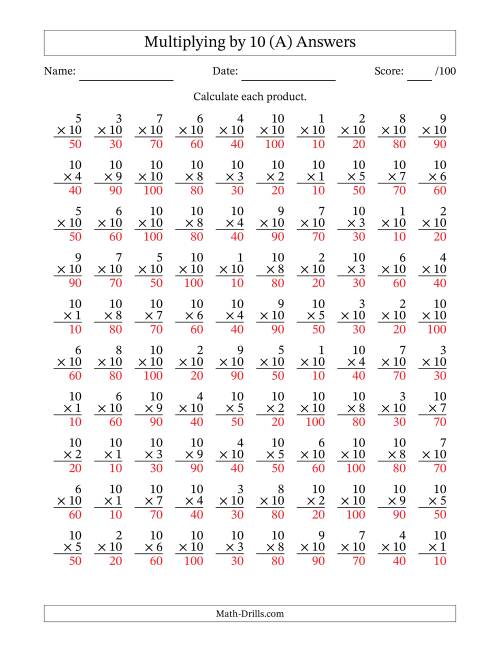 The Multiplying (1 to 10) by 10 (100 Questions) (A) Math Worksheet Page 2