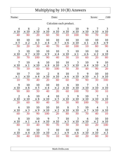 The Multiplying (1 to 10) by 10 (100 Questions) (B) Math Worksheet Page 2