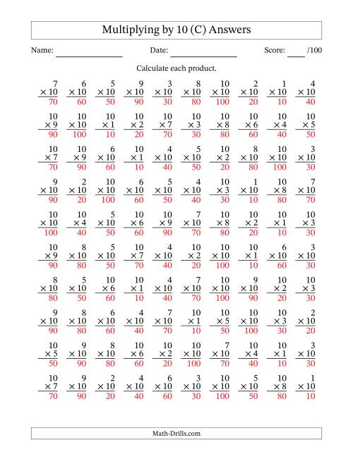 The Multiplying (1 to 10) by 10 (100 Questions) (C) Math Worksheet Page 2