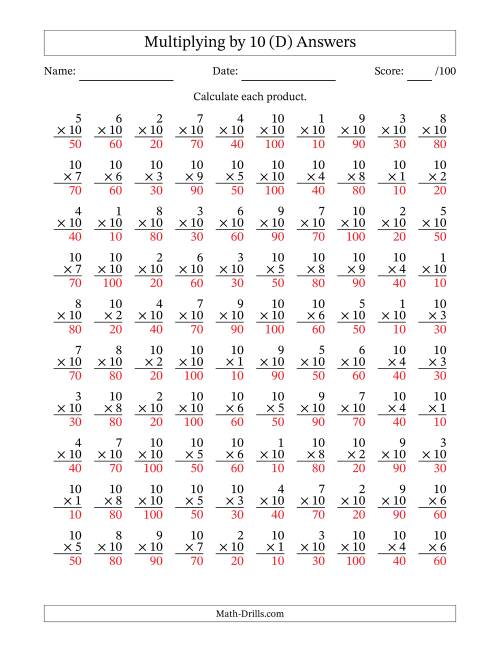 The Multiplying (1 to 10) by 10 (100 Questions) (D) Math Worksheet Page 2