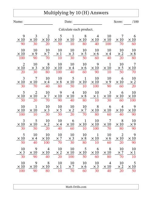 The Multiplying (1 to 10) by 10 (100 Questions) (H) Math Worksheet Page 2