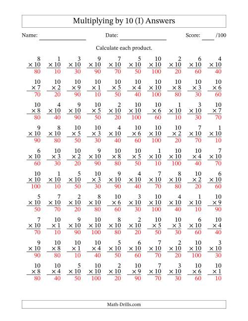 The Multiplying (1 to 10) by 10 (100 Questions) (I) Math Worksheet Page 2