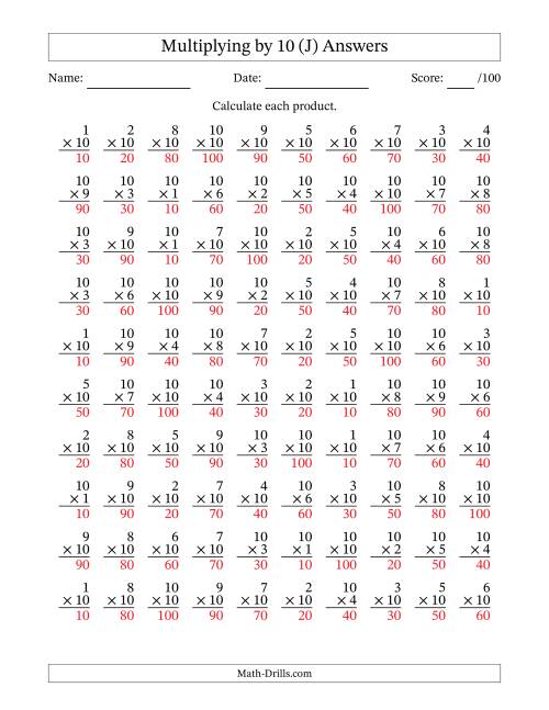 The Multiplying (1 to 10) by 10 (100 Questions) (J) Math Worksheet Page 2