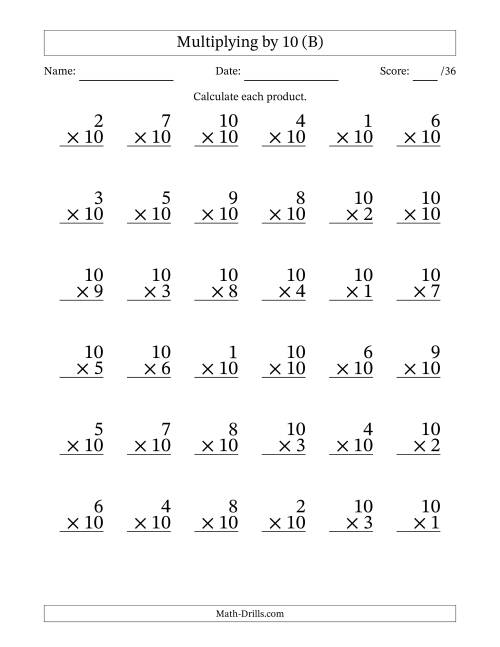 The Multiplying (1 to 10) by 10 (36 Questions) (B) Math Worksheet