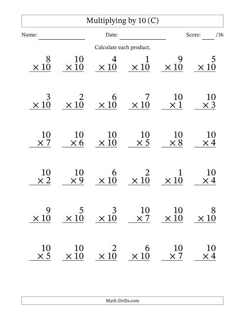 The Multiplying (1 to 10) by 10 (36 Questions) (C) Math Worksheet