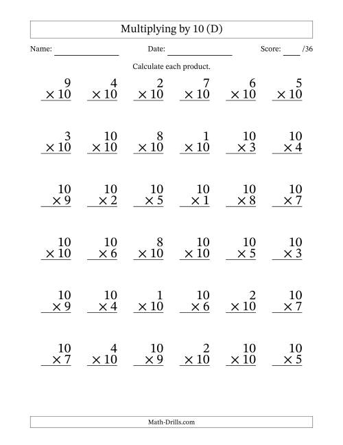 The Multiplying (1 to 10) by 10 (36 Questions) (D) Math Worksheet