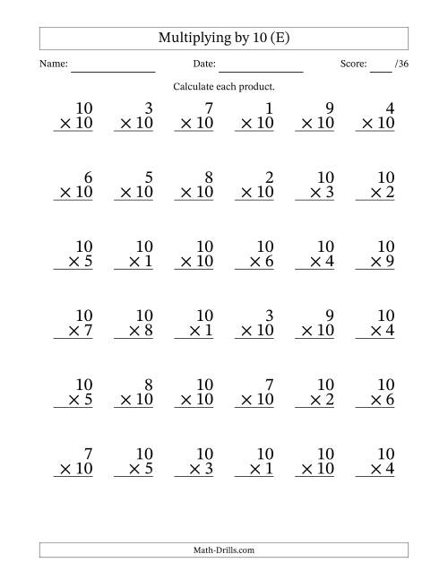 The Multiplying (1 to 10) by 10 (36 Questions) (E) Math Worksheet