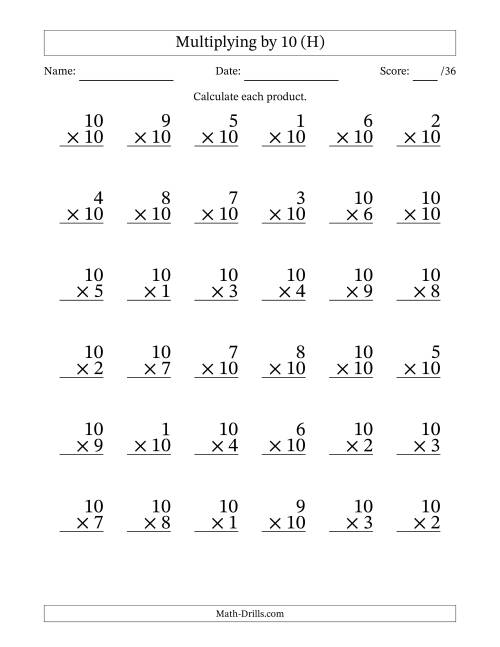 The Multiplying (1 to 10) by 10 (36 Questions) (H) Math Worksheet