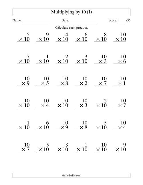 The Multiplying (1 to 10) by 10 (36 Questions) (I) Math Worksheet