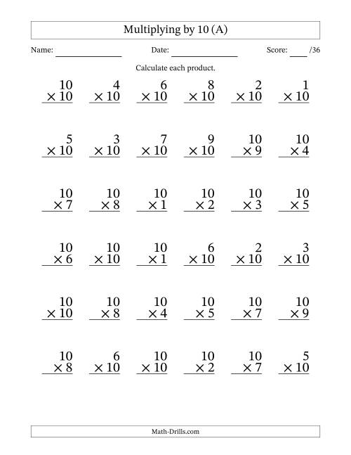 The Multiplying (1 to 10) by 10 (36 Questions) (All) Math Worksheet