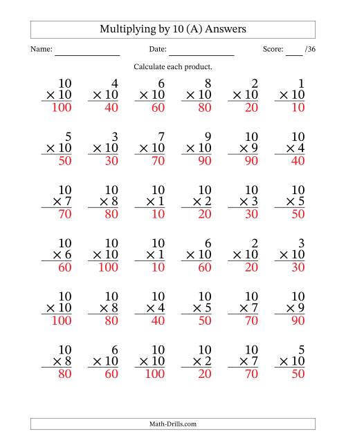The Multiplying (1 to 10) by 10 (36 Questions) (All) Math Worksheet Page 2