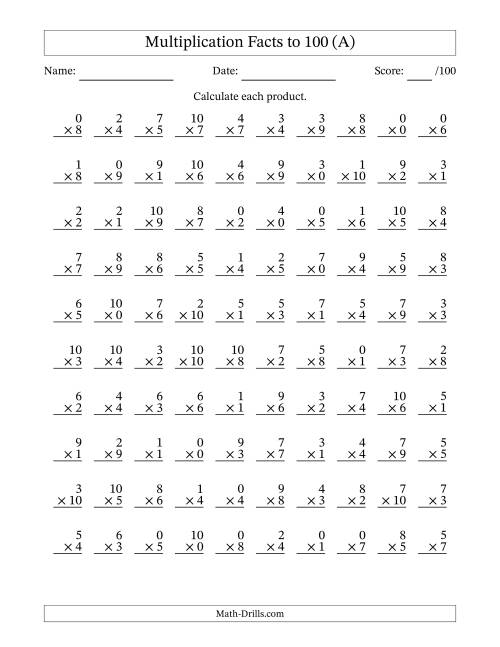 The Multiplication Facts to 100 (100 Questions) (With Zeros) (A) Math Worksheet