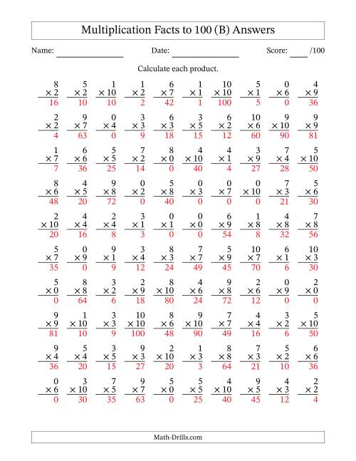 The Multiplication Facts to 100 (100 Questions) (With Zeros) (B) Math Worksheet Page 2